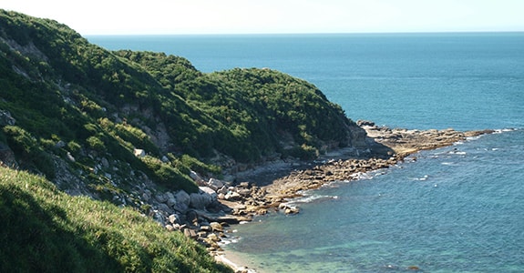 Aerial drone view of the forested headland and rocky shoreline surrounding Cape Gloucester QLD.